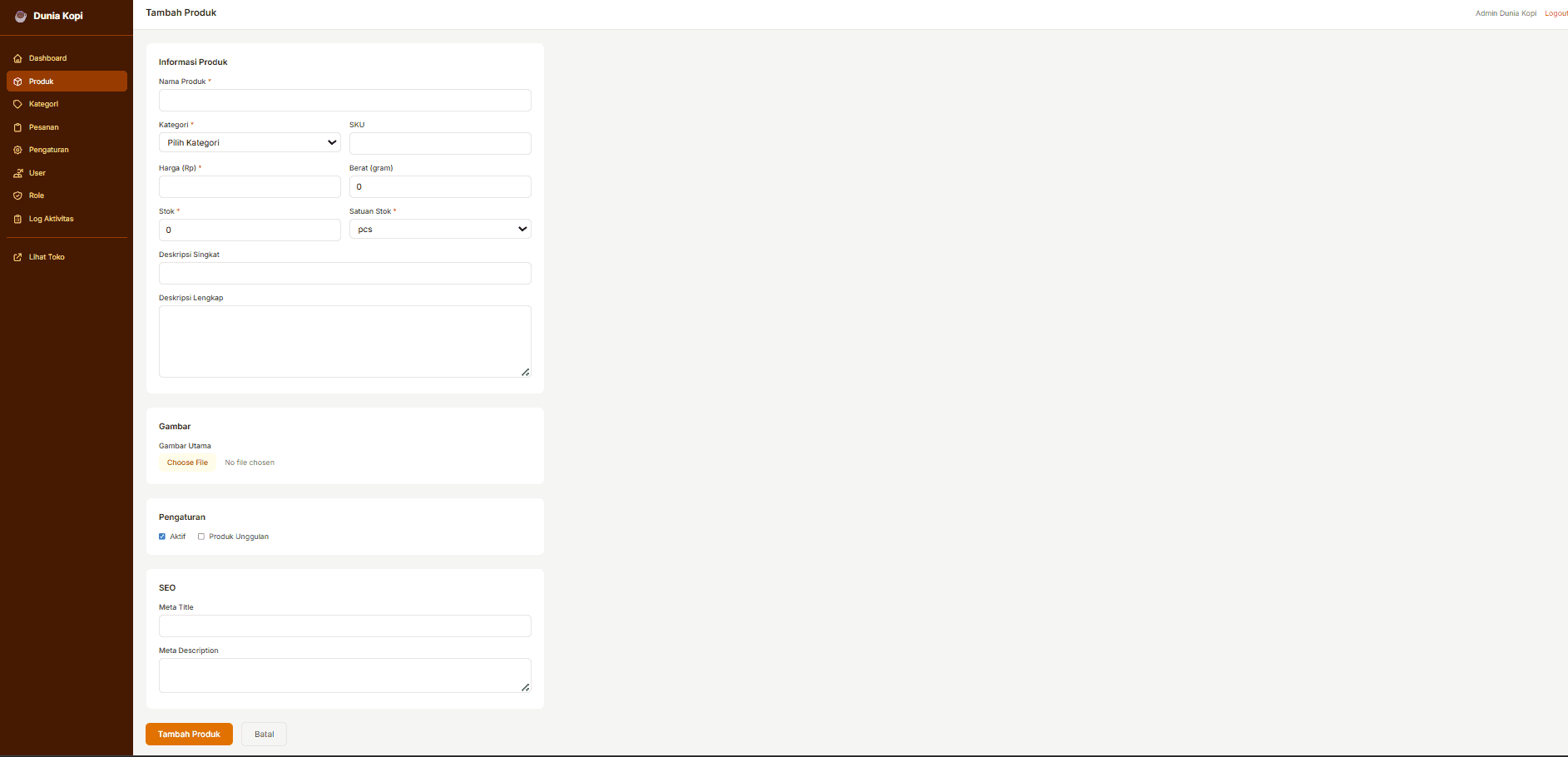 Admin add product page