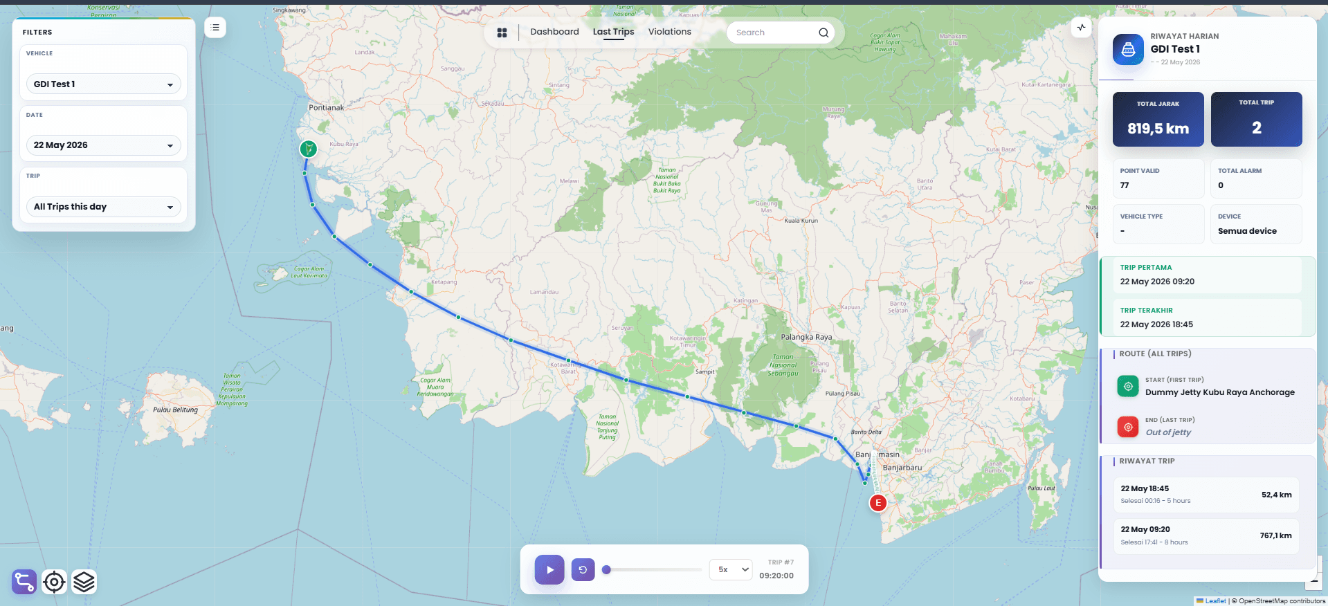 Trip history and monitoring page
