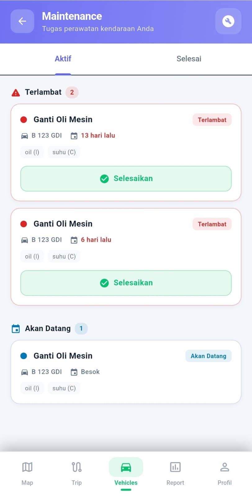 Maintenance monitoring page