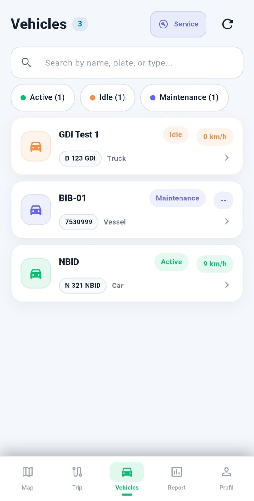 Vehicle list page